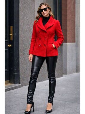 Forever 21 Size Small Red Peacoat Ribbed Shawl Collar Double Breasted Retro Chic